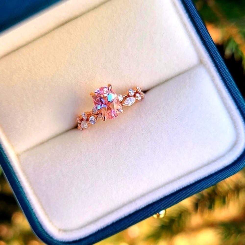 Solid 14k gold 1.37ct oval morganite ring and band